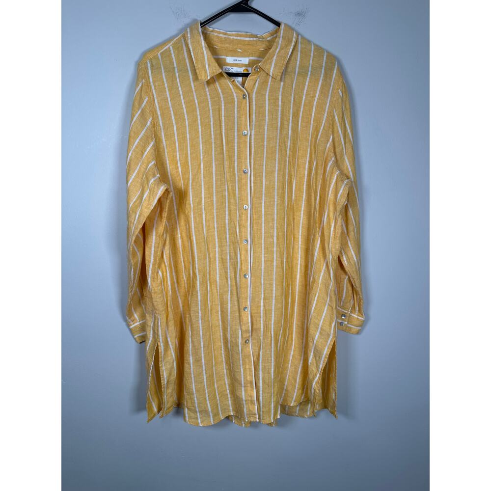 C&C California Womens Linen Top Tunic Roll Tab Sleeve‎ Boho 1X Yellow